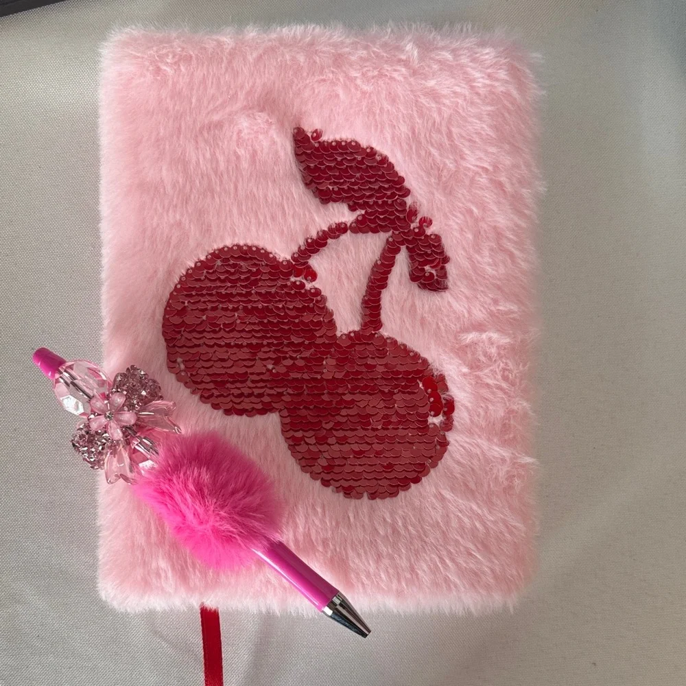 Pink Furry Cherry Sequin Notebook and Pen Set NWOT